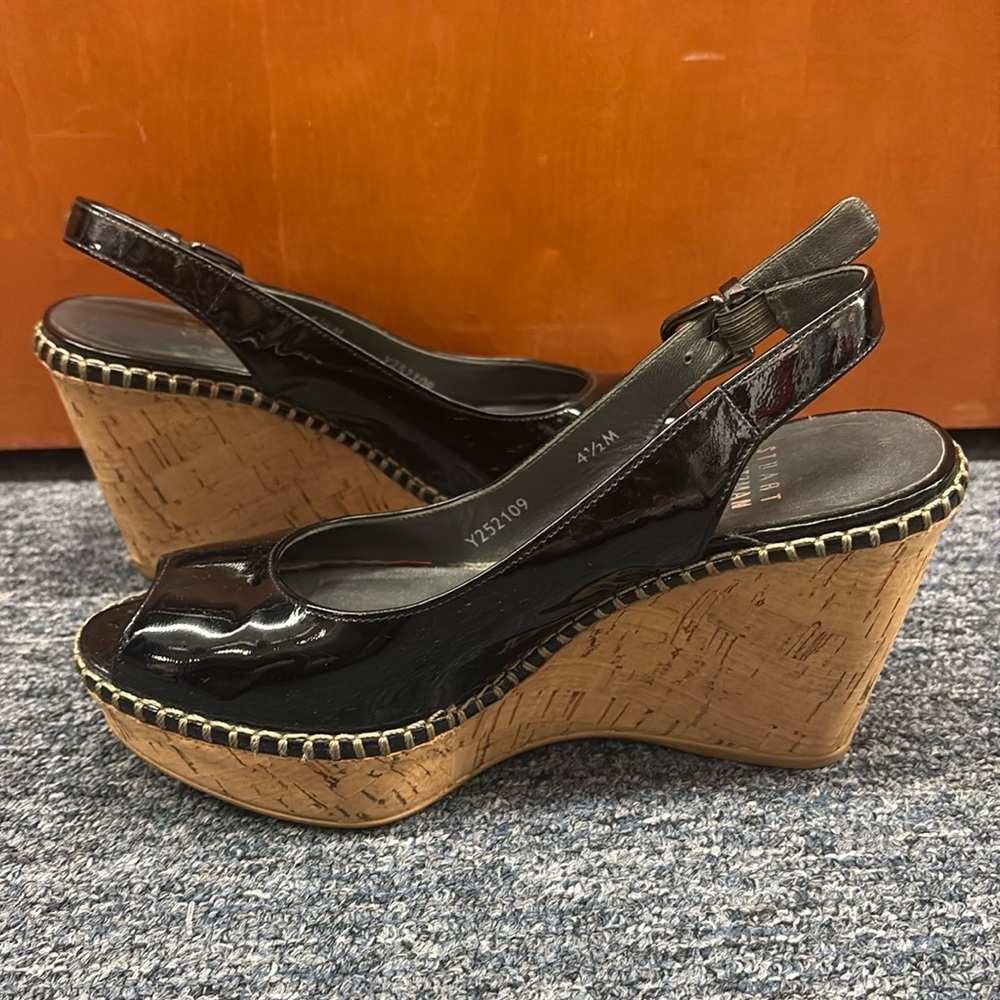 Stuart Weitzman Black Patent Leather Sling Back Wedge Sandal, Size 4 1/2
